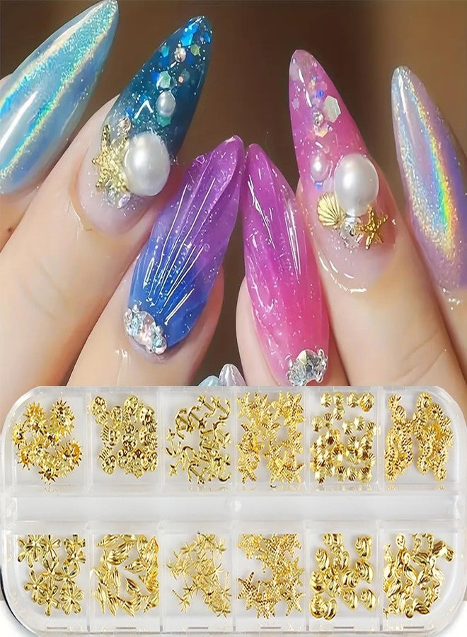 CJDLTS Gold Ocean Style Nail Accessories Golden Metal Starfish Shell Seahorse Jellyfish Nail Art Glitter Sequins 3D Gold Nails Supplies Jewelry Studs Nail Decoration Kit Suitable for Women Acrylivc Nail - Image 1